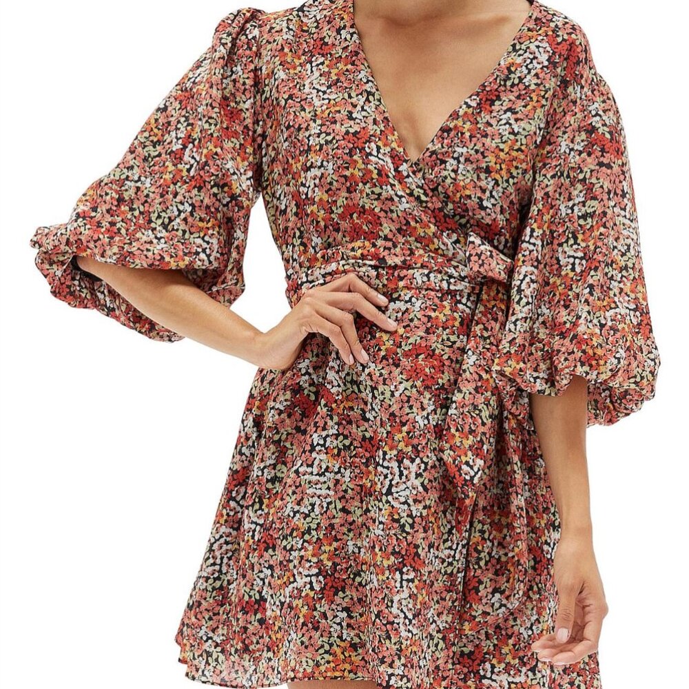 MINKPINK - GABE WRAP MINI DRESS - FLORAL - RED-ORANGE - SIZE XS
